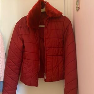 Vibrant Red Quilted Puffer Jacket with Plush Collar
